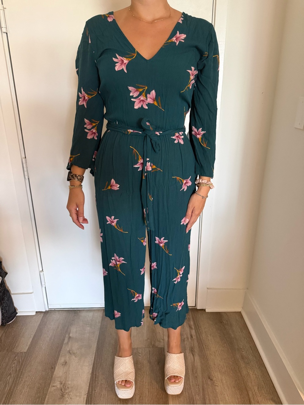 Billabong Teal Floral V-Neck Tie-Waist Jumpsuit